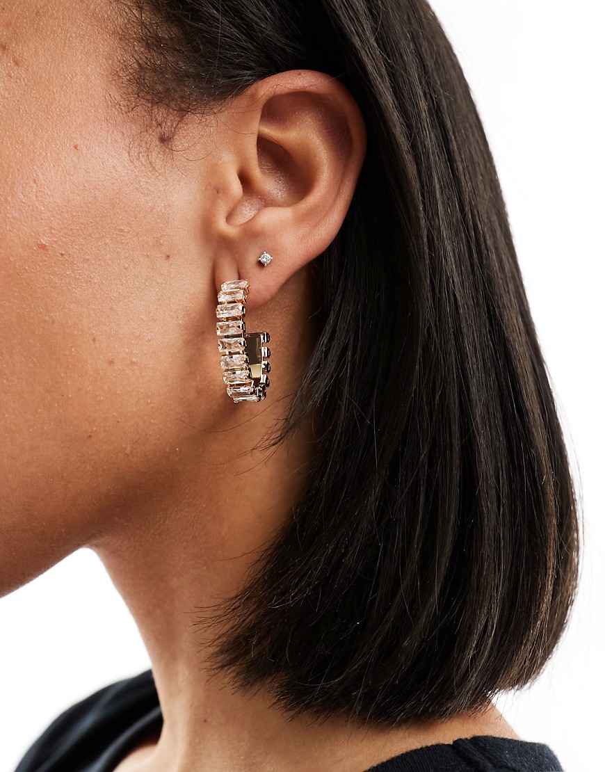 ASOS DESIGN hoop earrings with cubic zirconia baguette design with oval design in gold tone