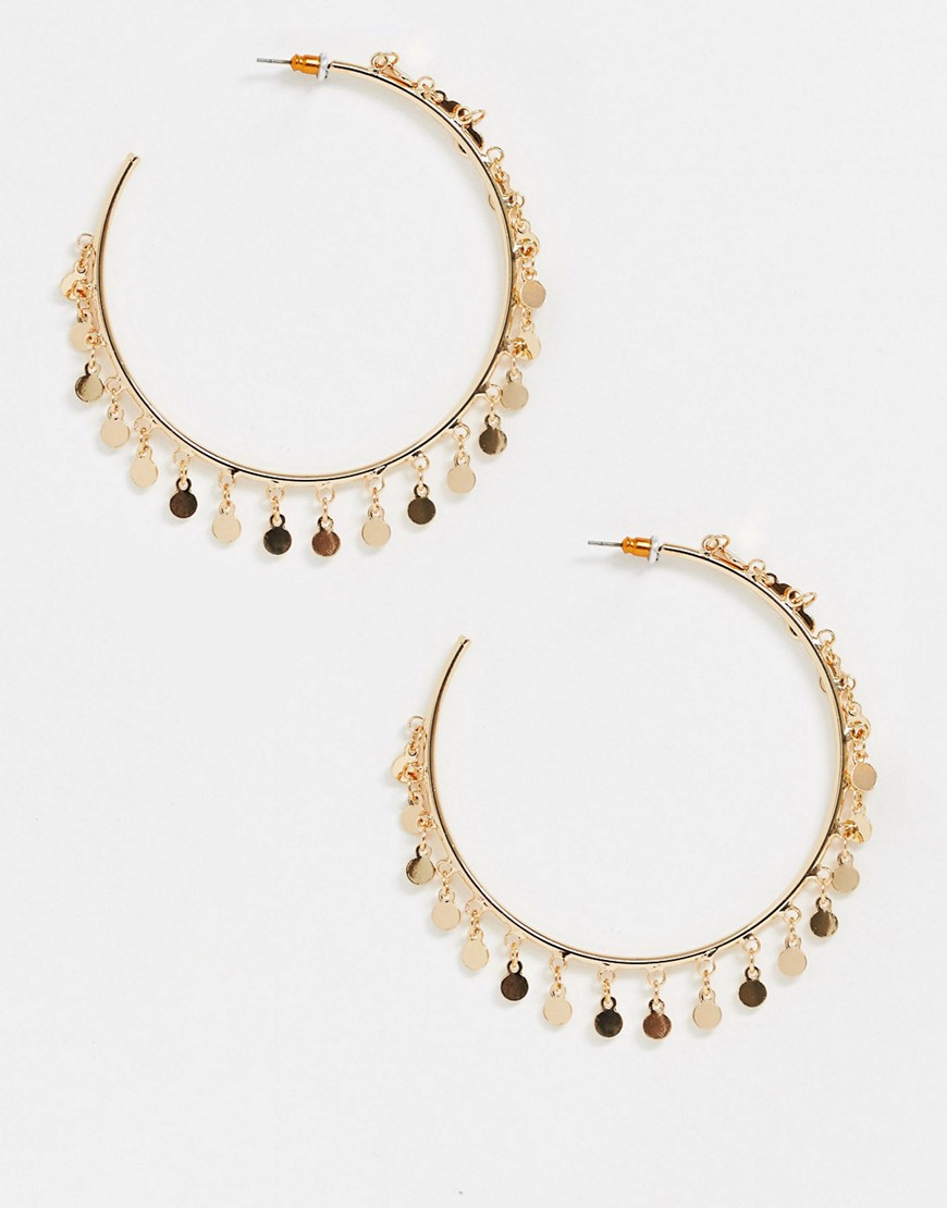 ASOS DESIGN hoop earrings with disc charms in gold tone