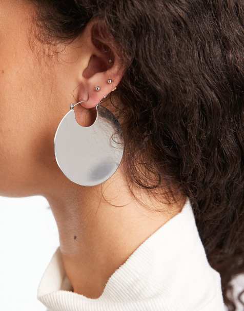ASOS DESIGN hoop earrings with disc detailing in silver tone - view 1