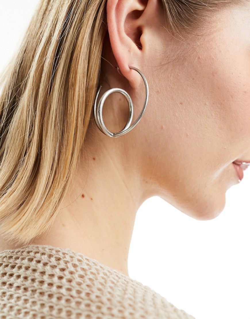 ASOS DESIGN hoop earrings with double loop detail in brushed silver tone