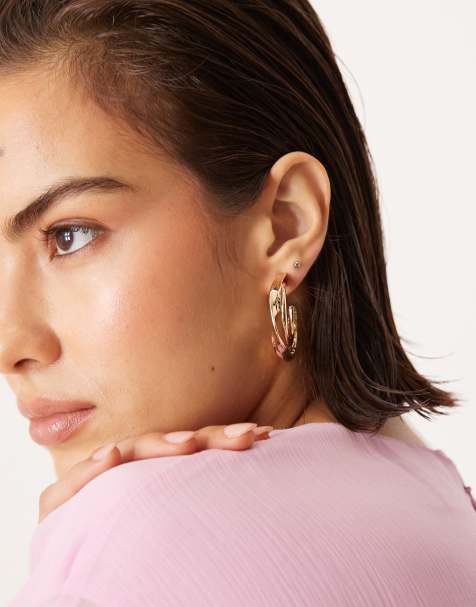 ASOS DESIGN hoop earrings with double twisted row design in gold tone - view 1