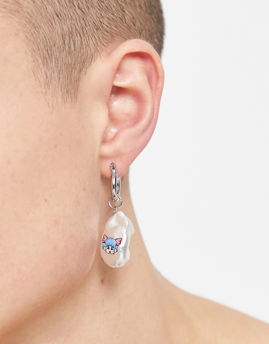 ASOS DESIGN hoop earrings with dropped faux pearl and printed anime-Multi