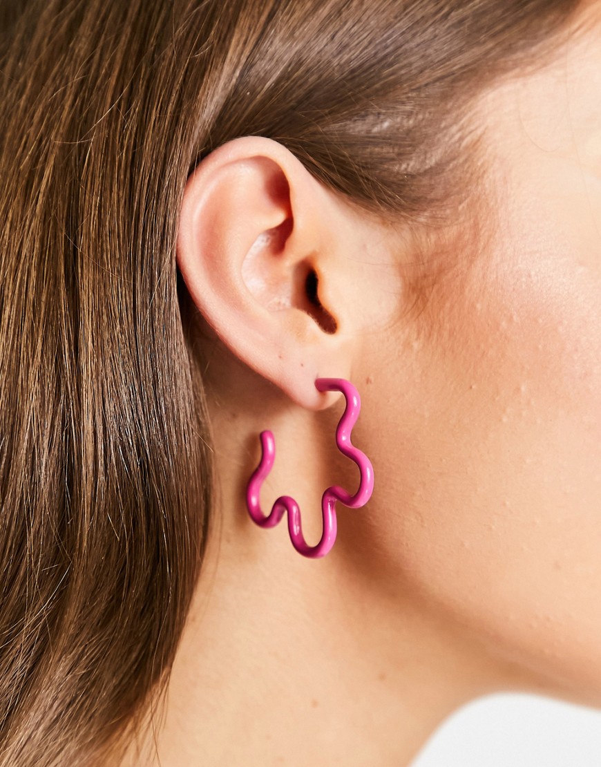 ASOS DESIGN hoop earrings with enamel small abstract wiggle design in pink