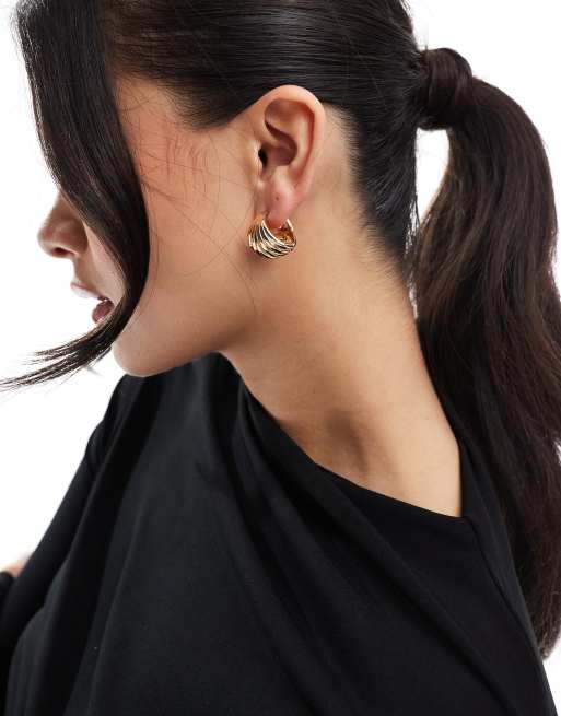 ASOS DESIGN hoop earrings with fan ridge detail in gold tone, 3 of 3
