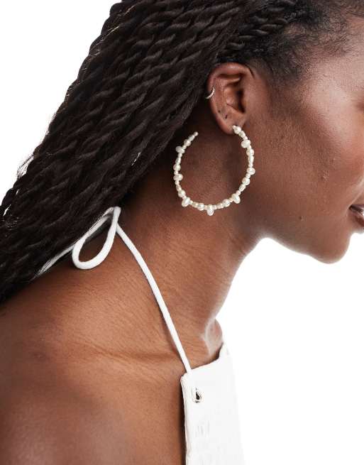 ASOS DESIGN hoop earrings with faux natural pearl detail in gold tone ASOS