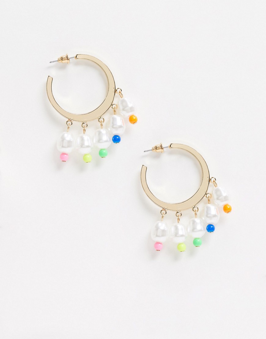 ASOS DESIGN hoop earrings with faux pearl and colourful beads in gold tone