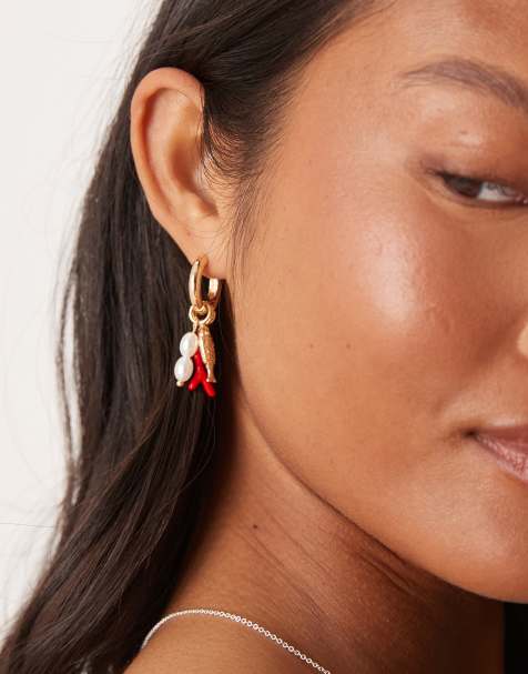 ASOS DESIGN hoop earrings with faux pearl and sea-life charms in gold tone - view 1