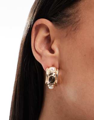 ASOS DESIGN hoop earrings with faux pearl and tigers eye stones in gold tone