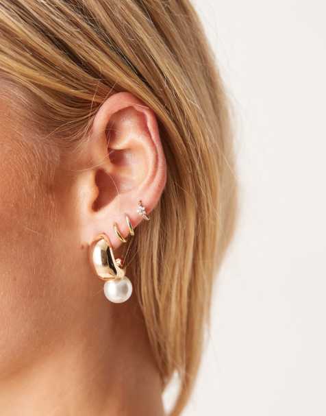 ASOS DESIGN hoop earrings with faux pearl drop detail in gold tone - view 1