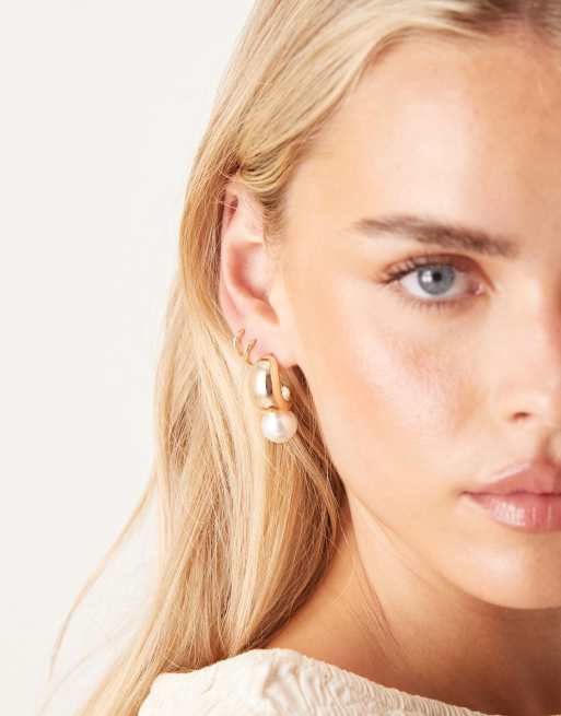 ASOS DESIGN hoop earrings with faux pearl drop detail in gold tone
