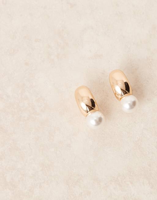 ASOS DESIGN hoop earrings with faux pearl drop detail in gold tone