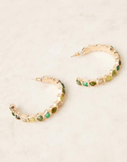 ASOS DESIGN hoop earrings with faux semi-precious stone set design in green, 2 of 3