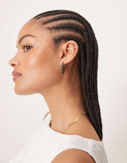ASOS DESIGN hoop earrings with filigree detailing in gold tone, 3 of 3