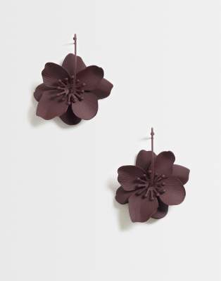 ASOS DESIGN hoop earrings with flower drops in burgundy tone