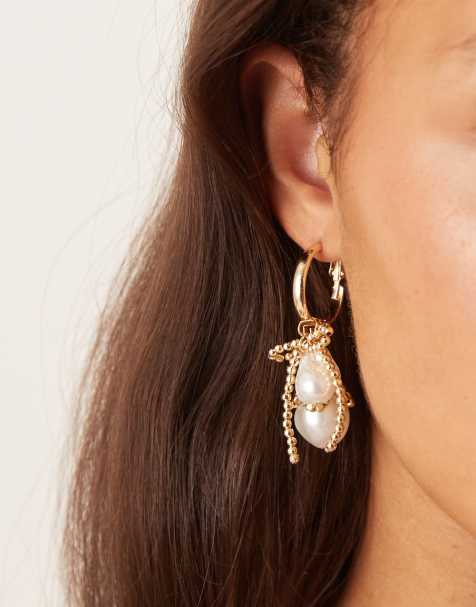 ASOS DESIGN hoop earrings with gold tone tassels and faux pearl drops - view 1