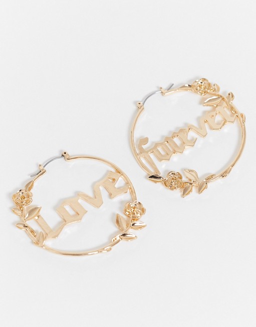 ASOS DESIGN hoop earrings with gothic font and rose in gold tone