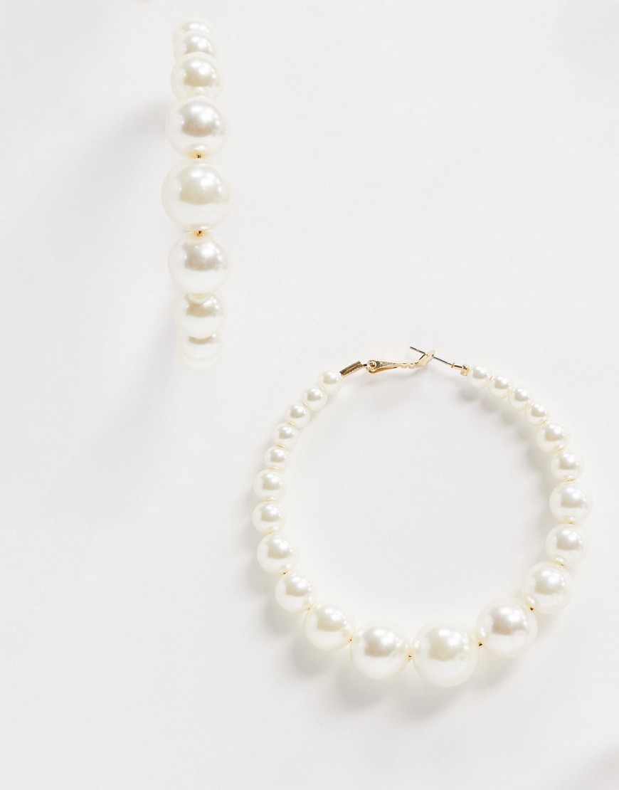 Asos Design Hoop Earrings With Graduating Pearls In Gold Tone
