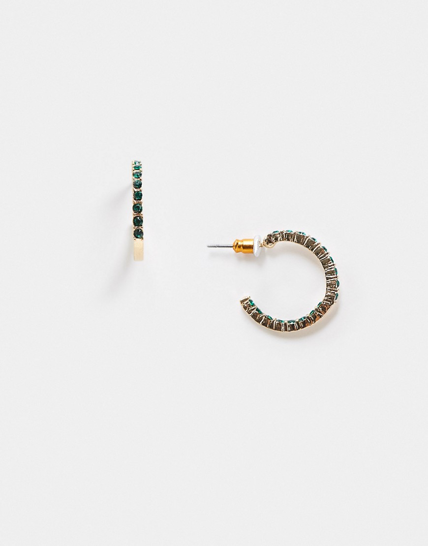 ASOS DESIGN hoop earrings with green crystal in gold tone
