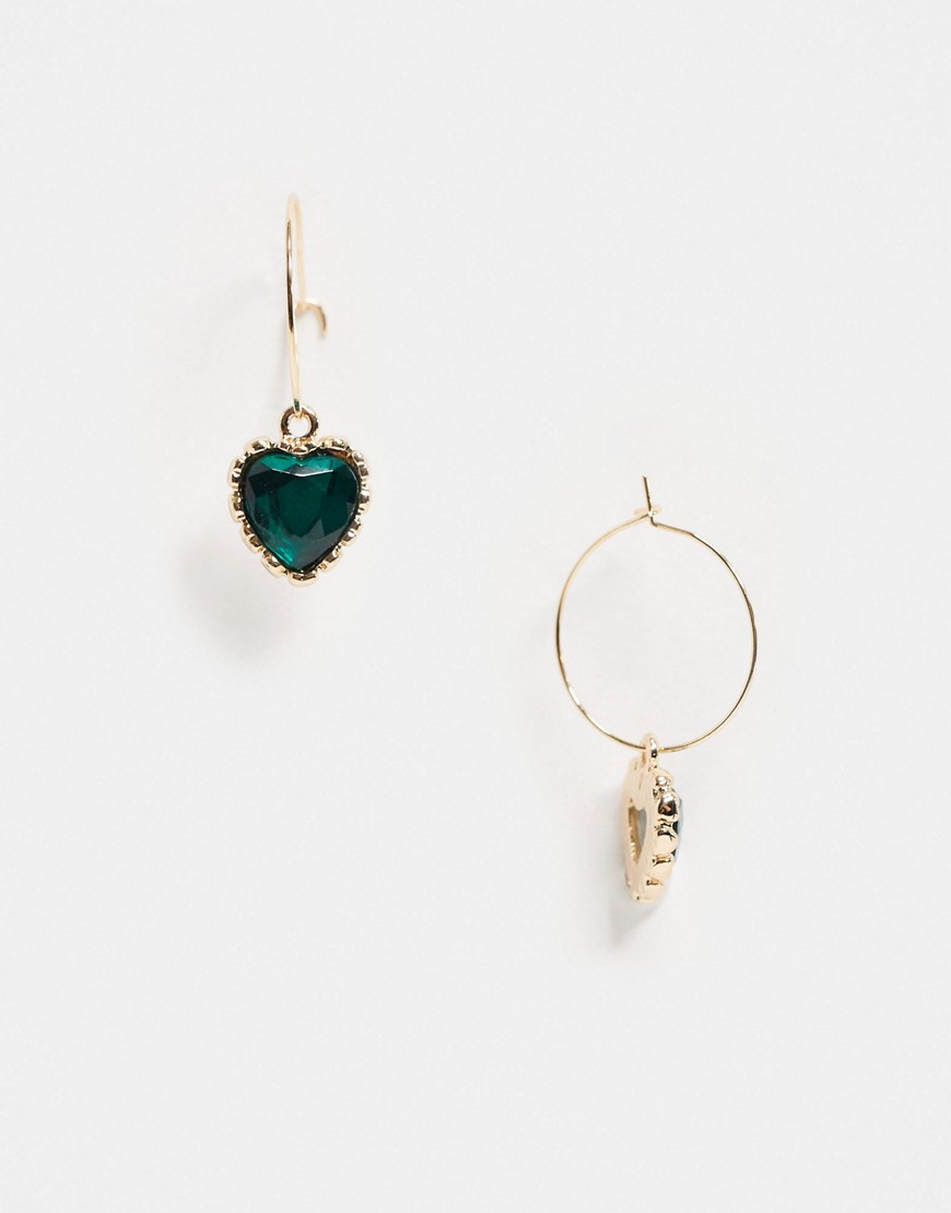 ASOS DESIGN hoop earrings with green heart jewel charm in gold tone