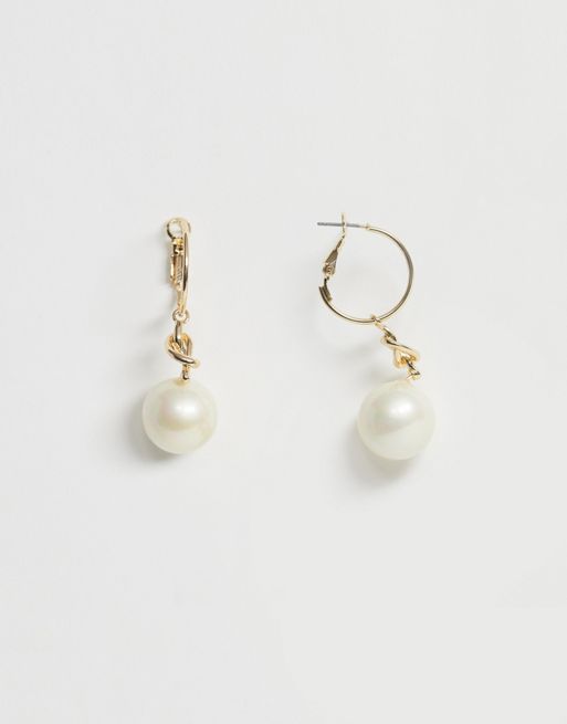 ASOS DESIGN hoop earrings with knot and pearl drop in gold tone | ASOS
