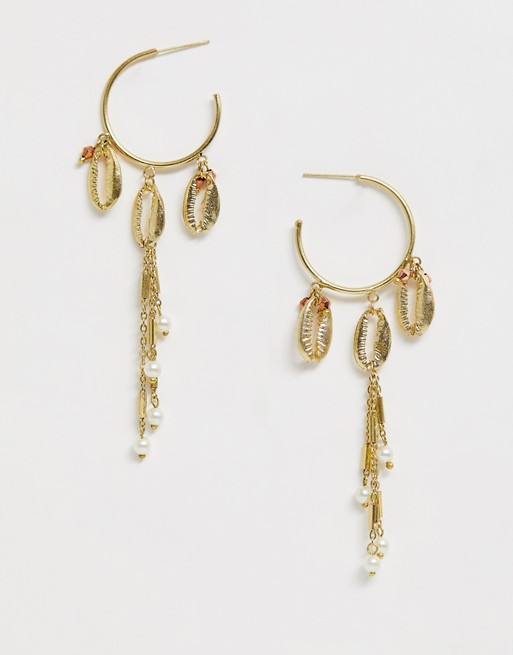 ASOS DESIGN hoop earrings with metal shell and pearl chain strands in gold tone