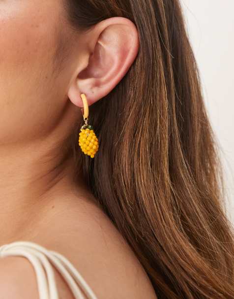 ASOS DESIGN hoop earrings with mini beaded lemons in yellow - view 1
