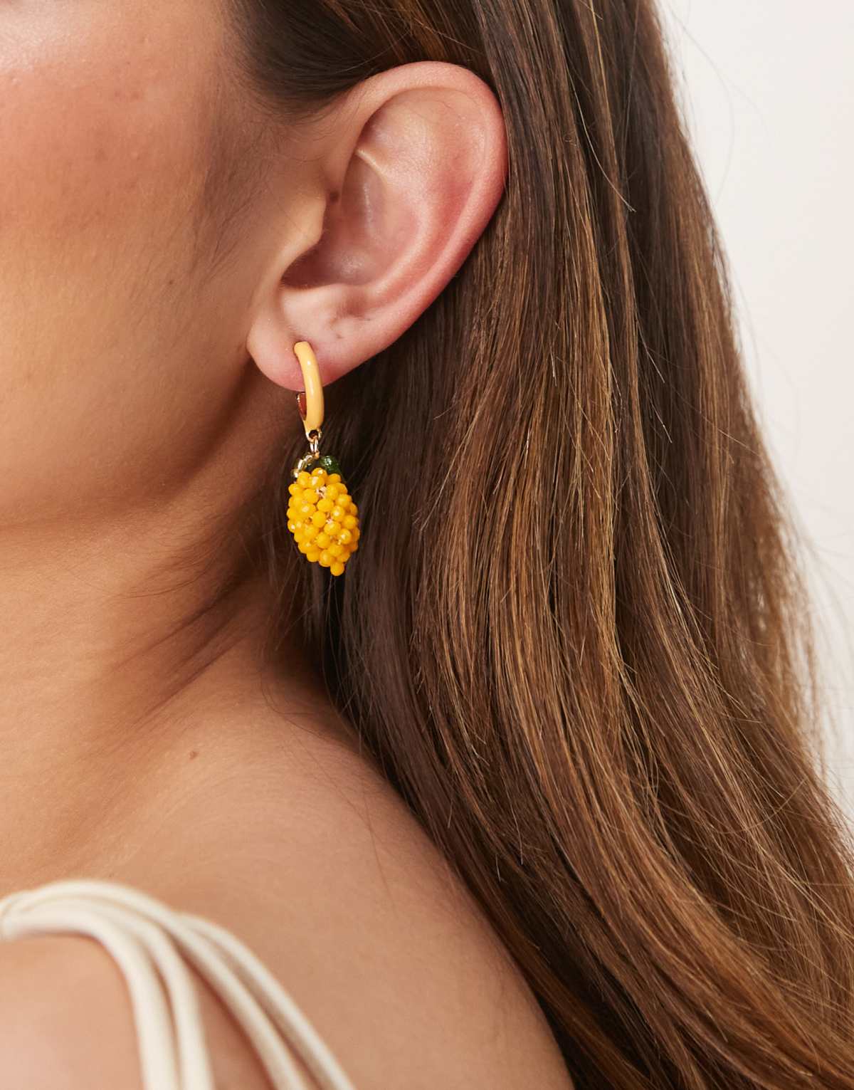 ASOS DESIGN hoop earrings with mini beaded lemons in yellow