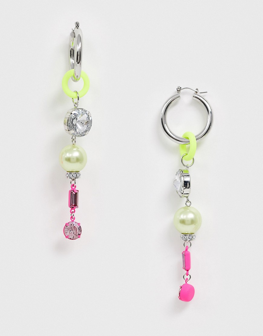 ASOS DESIGN hoop earrings with neon link and pastel pearls in silver tone