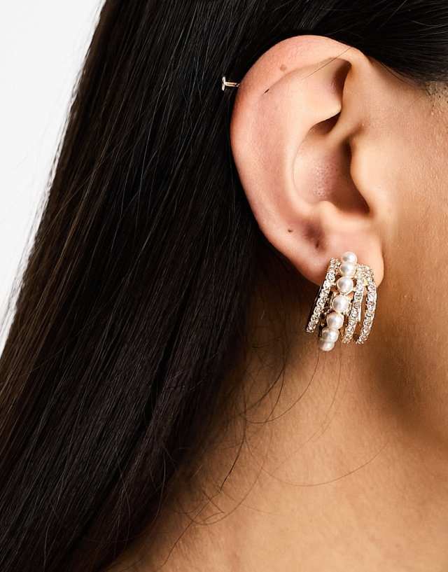 ASOS DESIGN hoop earrings with pearl row in gold tone