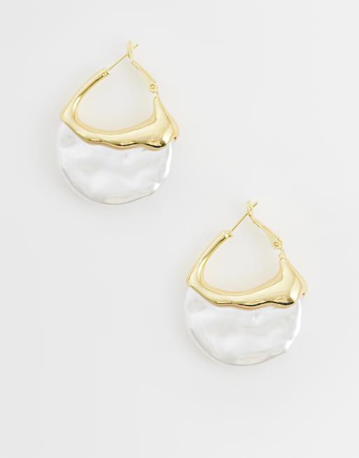 ASOS DESIGN hoop earrings with pearlescent finish in gold tone, 2 of 5