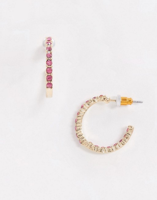 ASOS DESIGN hoop earrings with pink crystal in gold tone