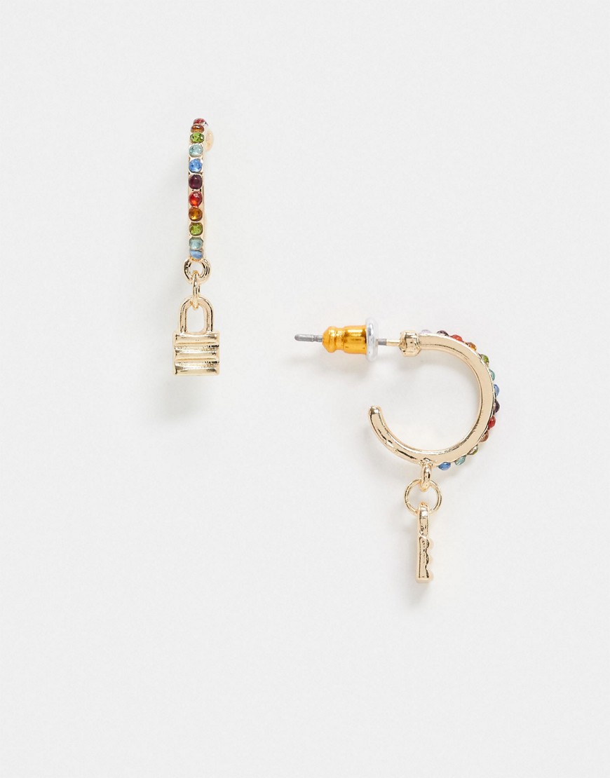 ASOS DESIGN hoop earrings with rainbow crystal and padlock charm in gold tone