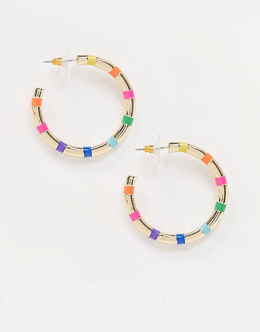 ASOS DESIGN hoop earrings with rainbow stripe in gold tone