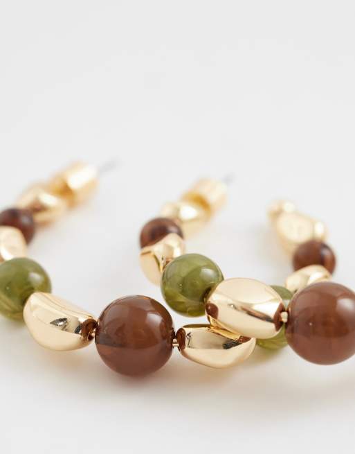 ASOS DESIGN hoop earrings with resin beads in brown, khaki and gold tone, 4 of 4