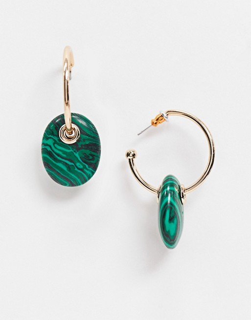 ASOS DESIGN hoop earrings with semi-precious green malachite stone in gold tone