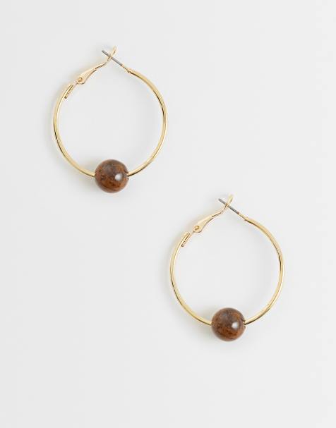 ASOS DESIGN hoop earrings with semi precious stone in gold tone - view 1