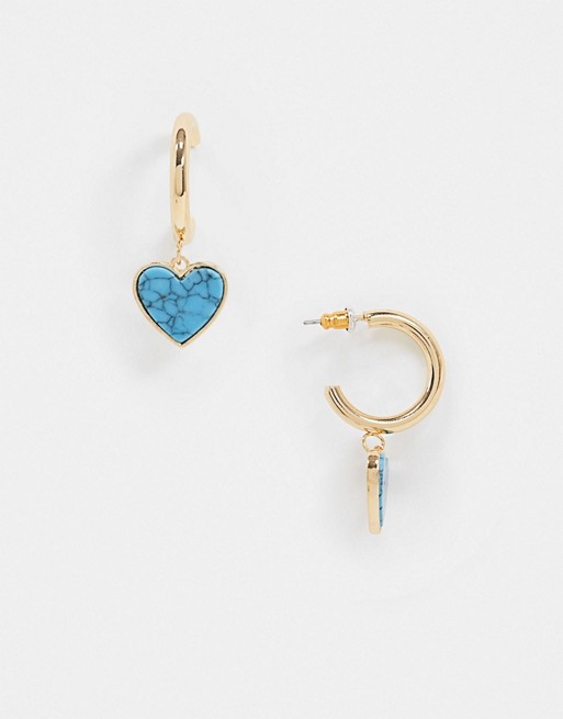ASOS DESIGN hoop earrings with semi-precious turquoise heart charm in gold tone
