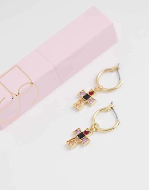 ASOS DESIGN hoop earrings with small cross detail in gold tone, 2 of 4