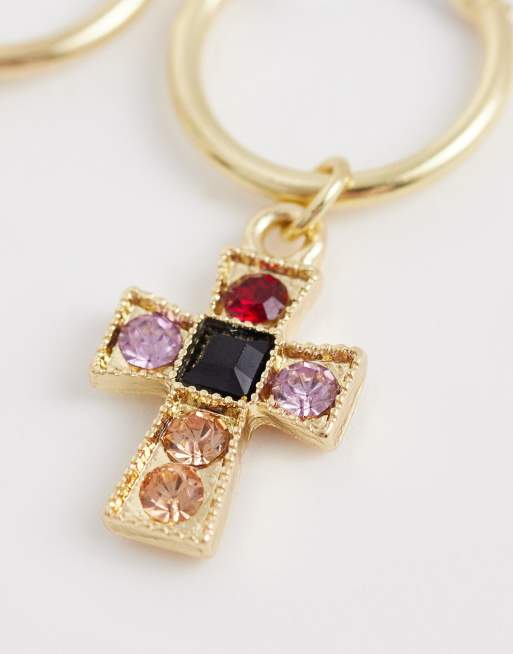 ASOS DESIGN hoop earrings with small cross detail in gold tone, 3 of 4