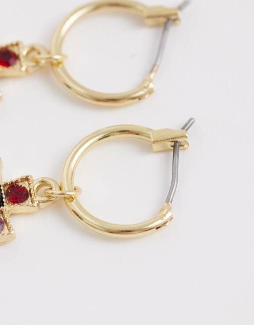 ASOS DESIGN hoop earrings with small cross detail in gold tone, 4 of 4