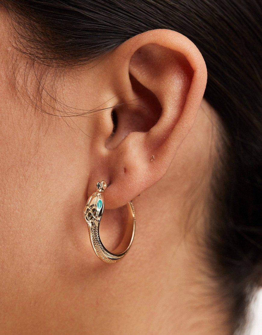 ASOS DESIGN hoop earrings with snake enamel detail in gold tone