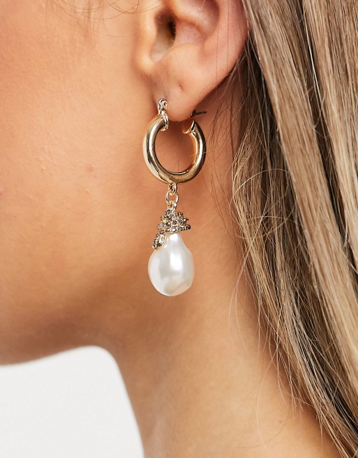 ASOS DESIGN hoop earrings with snake pearl drop in gold tone