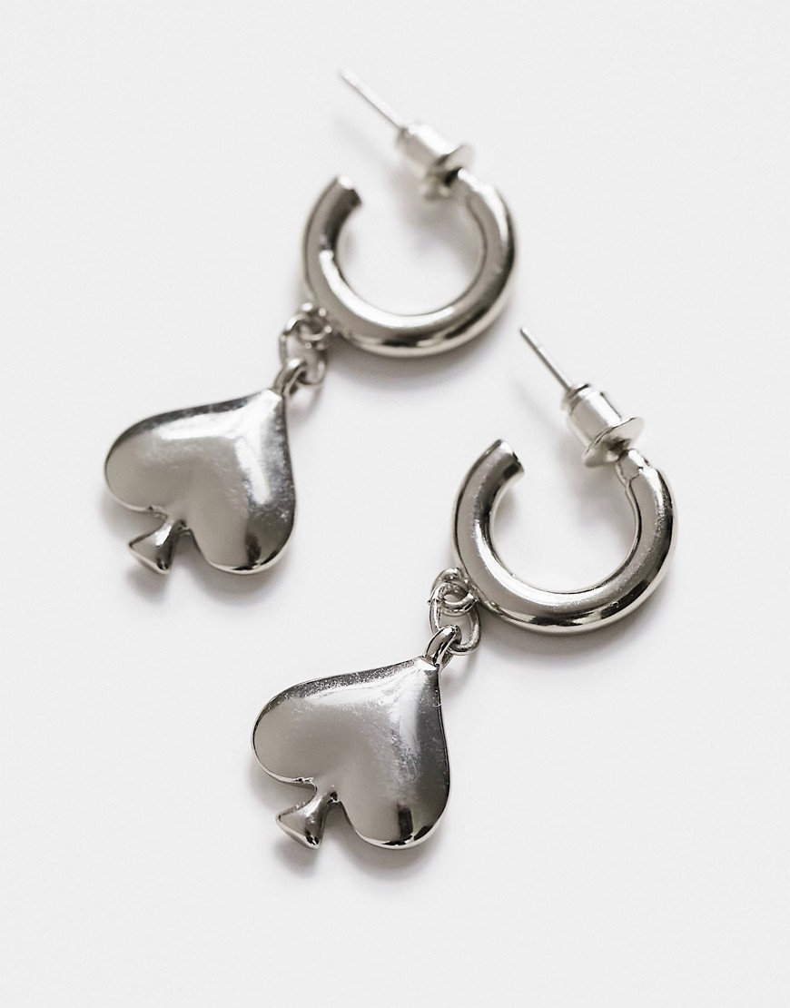 Asos Design Hoop Earrings With Spade Pendant In Silver Tone