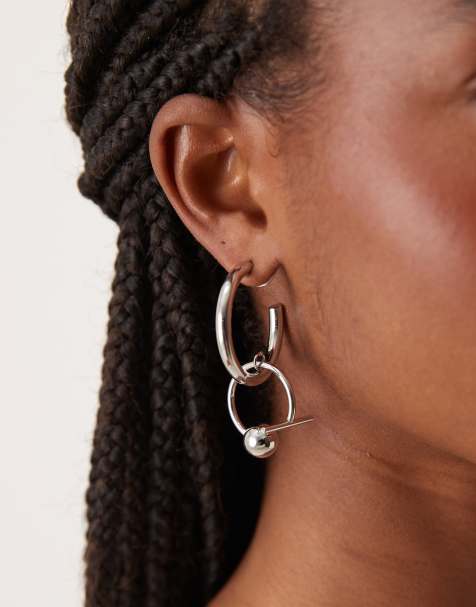 ASOS DESIGN hoop earrings with spherical abstract design in silver tone - view 1