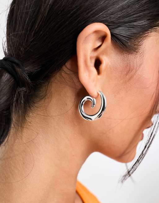 ASOS DESIGN hoop earrings with swirl design in silver tone