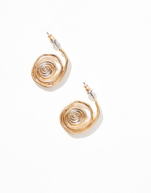 ASOS DESIGN hoop earrings with swirl detail in brushed gold tone, 2 of 4