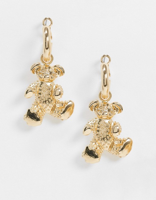 ASOS DESIGN hoop earrings with teddy bear charm in gold tone