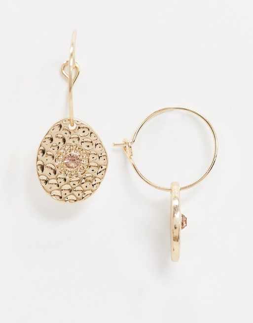 ASOS DESIGN hoop earrings with textured crystal coin charm in gold tone