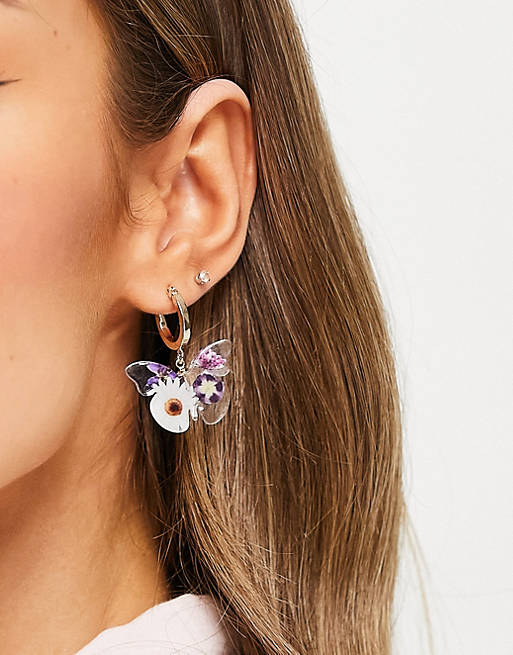 ASOS DESIGN hoop earrings with trapped flower butterfly in gold tone