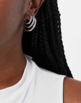 ASOS DESIGN hoop earrings with triple row crawler design in silver tone | ASOS